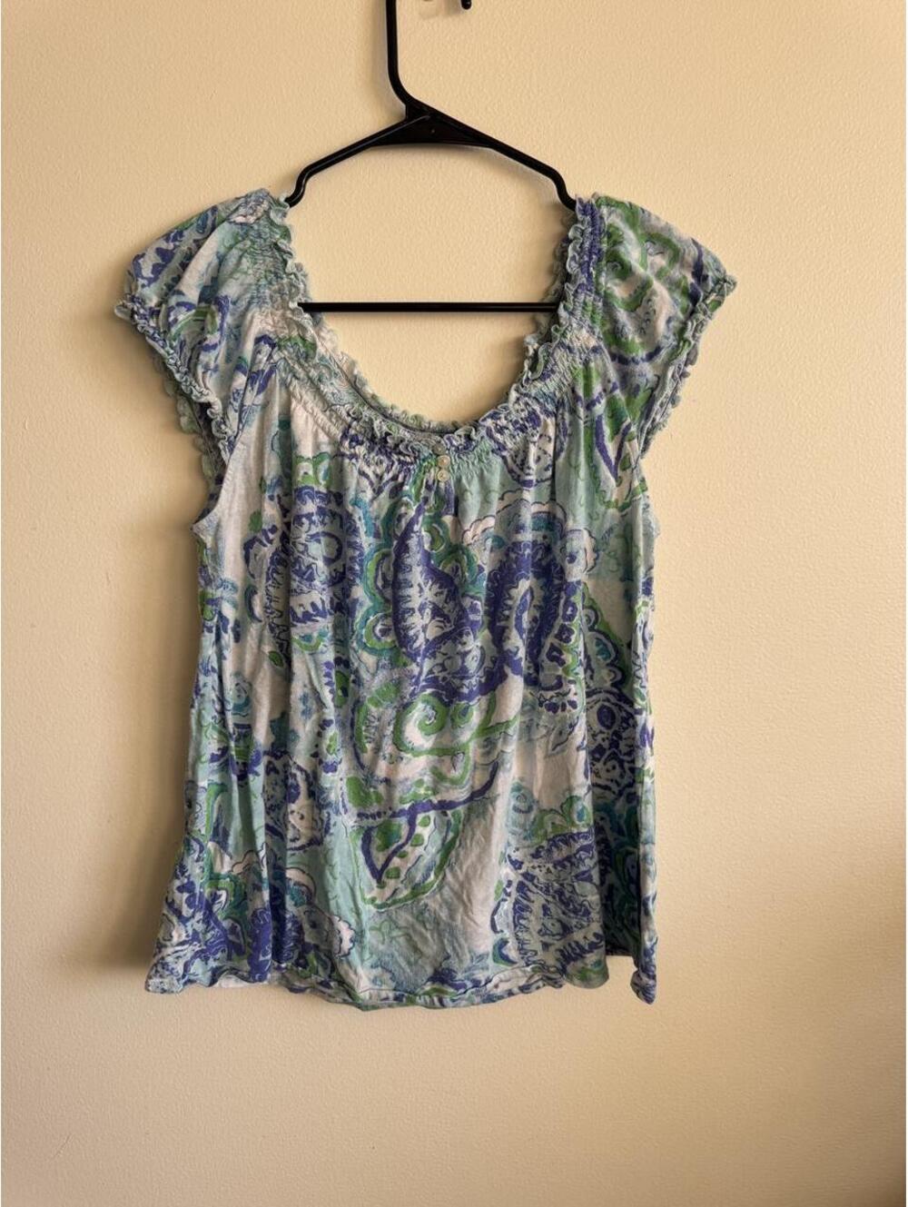 Blue and green paisley print blouse with ruffle sleeves